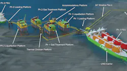 Rendering of proposed 4.2-million tpy offshore liquefaction plant offshore Plaquemines Parish, La.