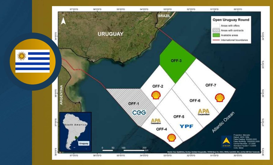AREA OFF-3 license about 100 km offshore Uruguay.