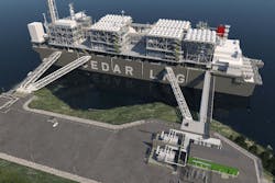 Artist rendering of Cedar LNG FLNG plant. Artist rendering of Cedar LNG FLNG plant.