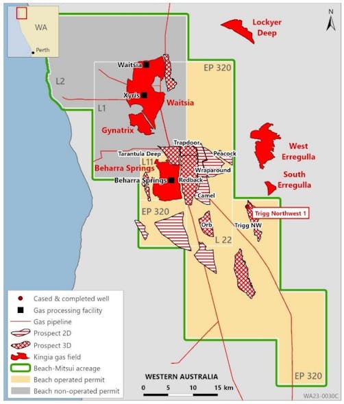 Beach Energy discovered gas the Trigg Northwest 1 well in exploration license EP 320, onshore Perth basin, Australia.