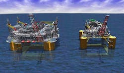 The comparison of the original planned Shell Vito structure (left) with the actual built structure (right) illustrates how the Vito development was downsized to meet modern cost expectations for deepwater developments (Fig. 2). The comparison of the original planned Shell Vito structure (left) with the actual built structure (right) illustrates how the Vito development was downsized to meet modern cost expectations for deepwater developments (Fig. 2).