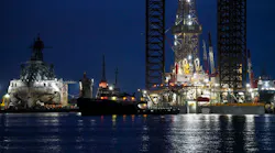 White Fleet Drilling 400 jack-up drilling rig leaving shipyard in Galveston, Tex.