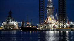 White Fleet Drilling 400 jack-up drilling rig leaving shipyard in Galveston, Tex. White Fleet Drilling 400 jack-up drilling rig leaving shipyard in Galveston, Tex.
