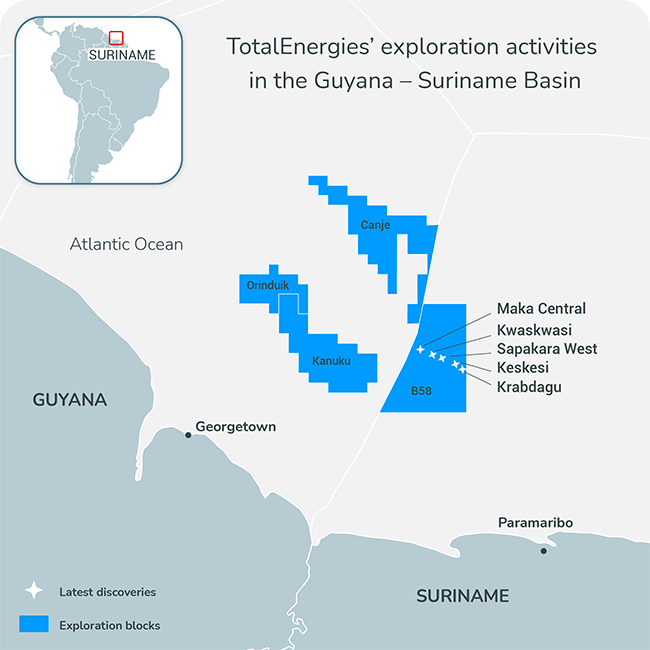 TotalEnergies&apos; exploration activities in Guyana-Suriname basin.