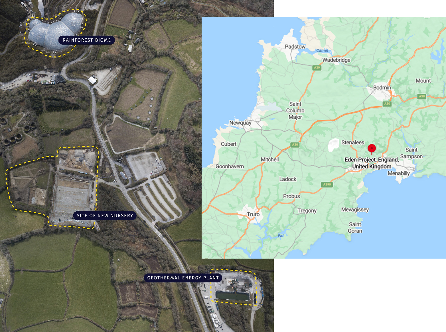Eden Project in Cornwall, UK, was built over a reclaimed china clay pit 2 km from St. Blazey and incorporates two enclosures of adjoining domes which emulate natural biomes. Heat for the project is being supplied by a new geothermal well. (Fig. 1).