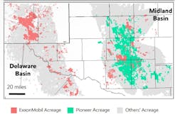 ExxonMobil and Pioneer Natural Resources Permian basin acreage map. ExxonMobil and Pioneer Natural Resources Permian basin acreage map.