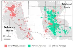 ExxonMobil and Pioneer Natural Resources Permian basin acreage map. ExxonMobil and Pioneer Natural Resources Permian basin acreage map.