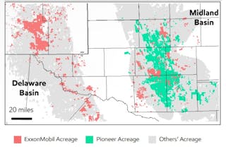 ExxonMobil and Pioneer Natural Resources Permian basin acreage map.