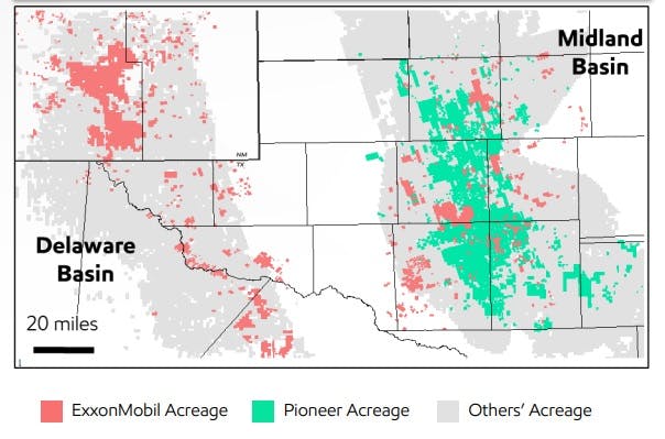 ExxonMobil and Pioneer Natural Resources Permian basin acreage map.