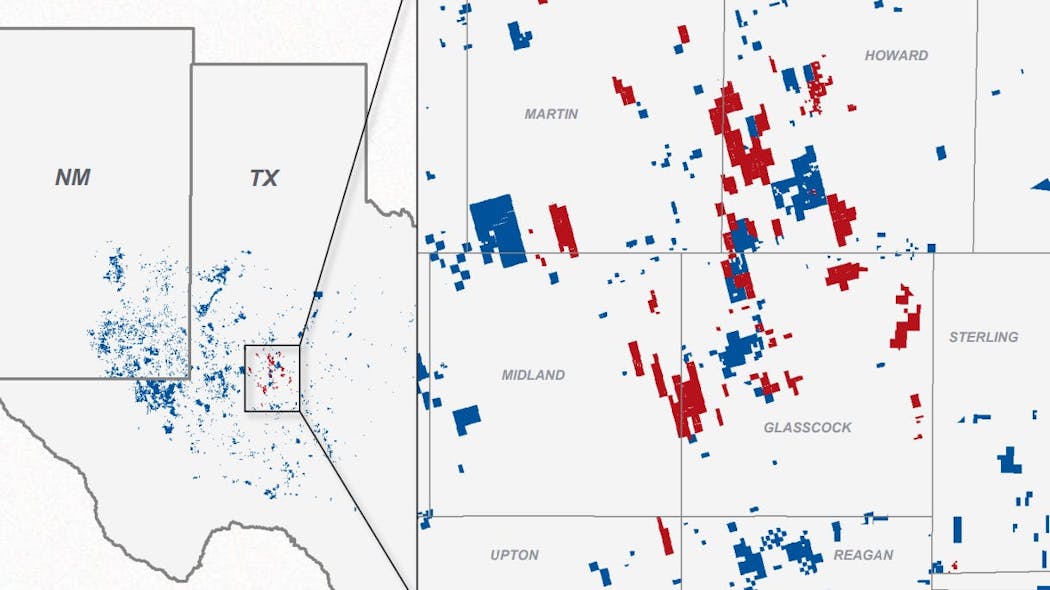 CrownRock&apos;s operations in the Permian basin (in red) alongside those of Occidental.