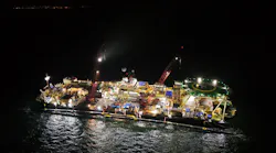 Drone photo of Castoro10 vessel during Above Water Tie-In operation of the two 48 pipeline sections about 4 km offhsore Mukran port, Germany.