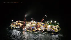 Drone photo of Castoro10 vessel during Above Water Tie-In operation of the two 48 pipeline sections about 4 km offhsore Mukran port, Germany.