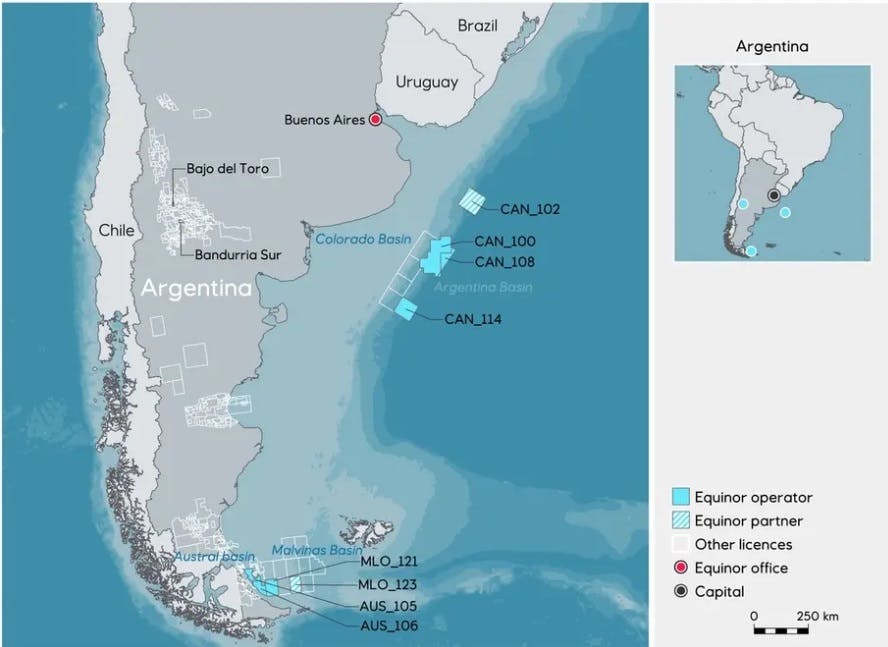 Equinor operations map, offshore Argentina.