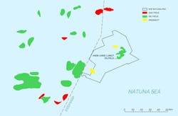 Ande-Ande Lumut (AAL) oil field in the West Natuna Sea, 20 km from the Malaysian border and about 260 km from shore.