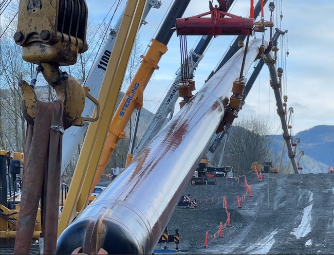 Mountain 3 Horizontal Directional Drill pullback in the Fraser Valley between Hope and Chilliwack, BC.