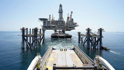 The ACE topsides unit lined up to be lowered onto the four jackets already in position. The ACE topsides unit lined up to be lowered onto the four jackets already in position.