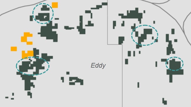 Permian Resources has recently spent $270 million on a handful of Delaware basin bolt-on (in yellow) and grassroots (circled) acquisitions.