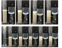Guar suspension tests show poor foam quality and little particle settling difference between an attempted foamed system (top) and a non-foamed gel (bottom) (Fig. 5). Guar suspension tests show poor foam quality and little particle settling difference between an attempted foamed system (top) and a non-foamed gel (bottom) (Fig. 5).