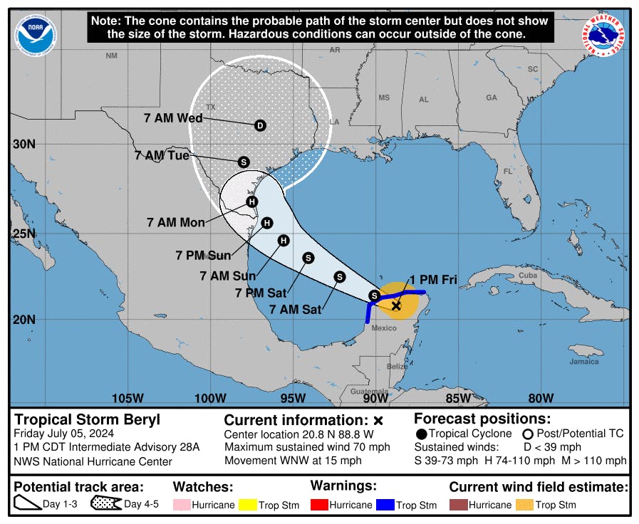 Projected path of Hurricane Beryl, Gulf of Mexico.