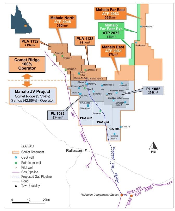 Comet Ridge&rsquo;s increasing acreage position in the Mahalo Gas Hub, AUstralia. New Mahalo Far East Extension block areas in green.