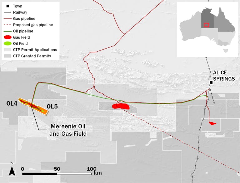 Mereenie oil and gas field map, Australia.