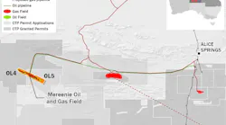 Mereenie oil and gas field map, Australia.
