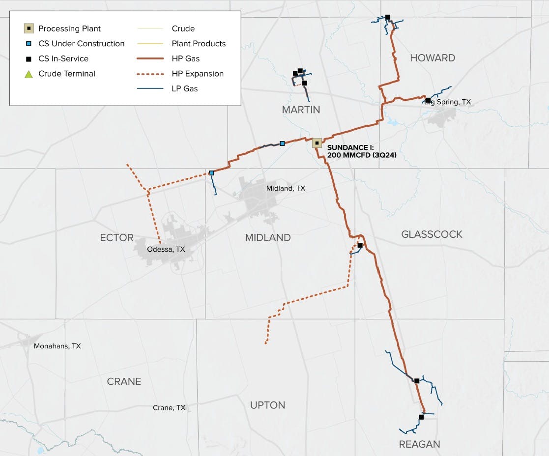 Brazos Midstream Holdings LLC Midland basin operations map.