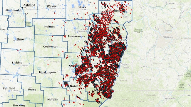 A screenshot from an interactive tool on the Ohio Department of Natural Resources website shows the oil and gas wells active across the Utica basin.