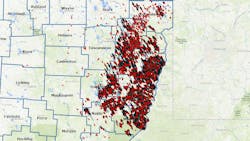 A screenshot from an interactive tool on the Ohio Department of Natural Resources website shows the oil and gas wells active across the Utica basin. A screenshot from an interactive tool on the Ohio Department of Natural Resources website shows the oil and gas wells active across the Utica basin.