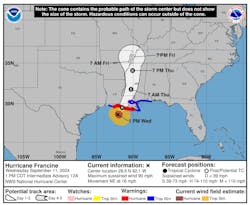 Hurricane Francine path, Sept. 11, 2024. Hurricane Francine path, Sept. 11, 2024.