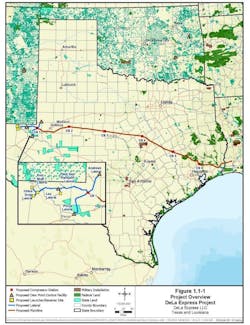Route of proposed DeLa Express pipeline project. Route of proposed DeLa Express pipeline project.