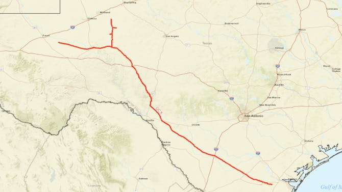 Map of Gulf Coast Express Pipeline across Texas.