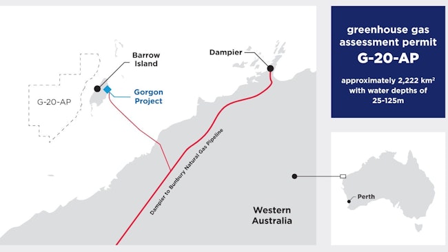 Chevron was awarded a permit to assess carbon storage offshore Australia. G-20-AP is adjacent to Barrow Island.