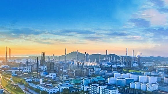 Chemical factories at Qinzhou Port Area, China.