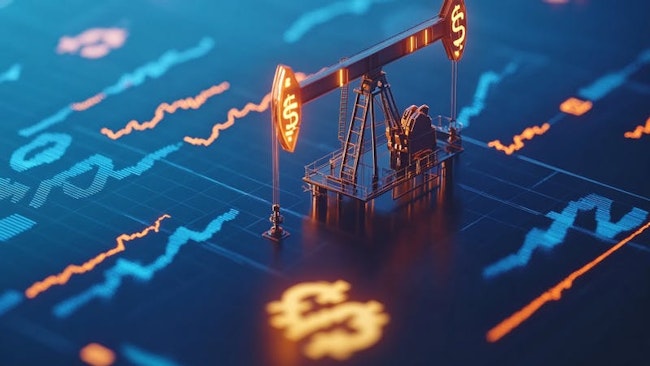 Pump jack on US dollar notes, AI generated.
