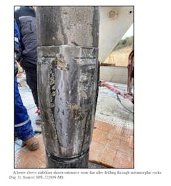 A lower-sleeve stabilizer shows extensive wear after drilling through metamorphic rocks (Fig. 3) A lower-sleeve stabilizer shows extensive wear after drilling through metamorphic rocks (Fig. 3)