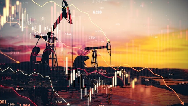Oil pumpjacks at sunset with financial charts overlay depicting market trends. Concept of oil economy, stock market, and trade fluctuations