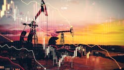 Oil pumpjacks at sunset with financial charts overlay depicting market trends. Concept of oil economy, stock market, and trade fluctuations Oil pumpjacks at sunset with financial charts overlay depicting market trends. Concept of oil economy, stock market, and trade fluctuations