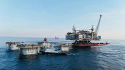 Scarborough topsides and hull joining operations Scarborough topsides and hull joining operations