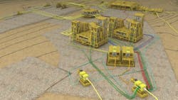 Illustration of Ormen Lange subsea compression station layout. Illustration of Ormen Lange subsea compression station layout.