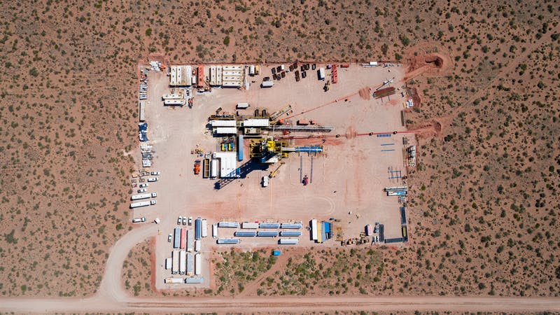 Aerial view of unconventional oil extraction in A&ntilde;elo, Neuquen, Argentina