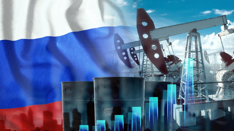 Image of the Russian flag of an oil pump rig and barrels with graphs.
