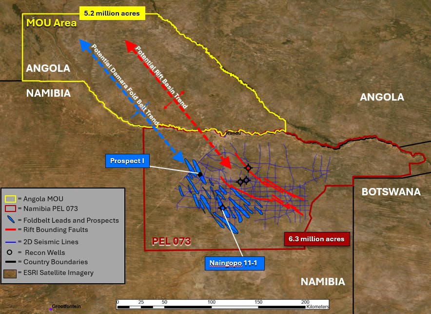Memorandum of Understanding area in Angola comprising 5.2 million acres and PEL 73 in Namibia comprising 6.3 million acres