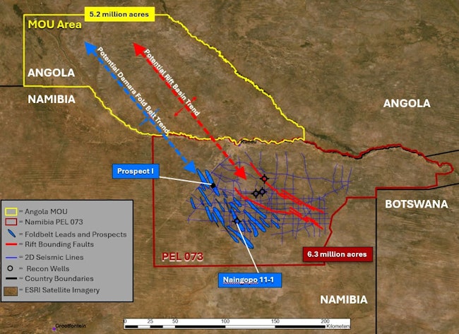 Memorandum of Understanding area in Angola comprising 5.2 million acres and PEL 73 in Namibia comprising 6.3 million acres