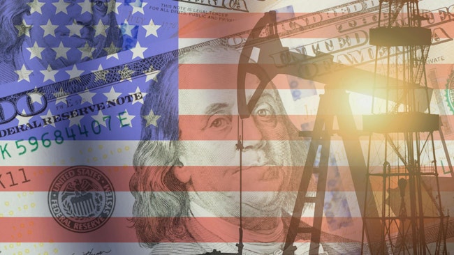 US flag backgrop with rig, US currency