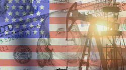 US flag backgrop with rig, US currency