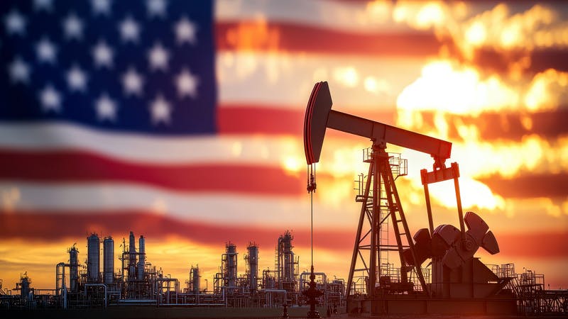 US flag behind oil and gas infrastructure