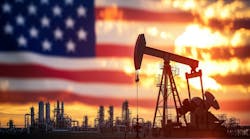 Oil and gas drilling, American flag backdrop Oil and gas drilling, American flag backdrop