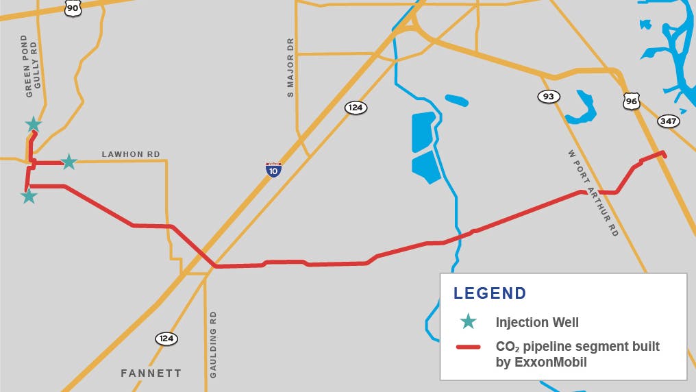 Map of ExxonMobil's Rose carbon storage project in Jefferson County, Tex.