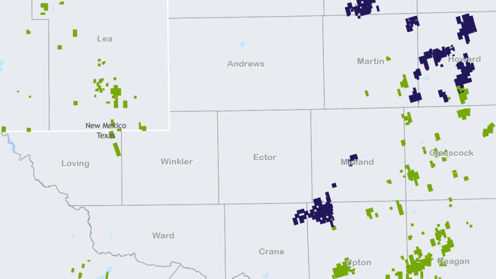 SM (blue) and Civitas (green) each have significant operations in the Permian.